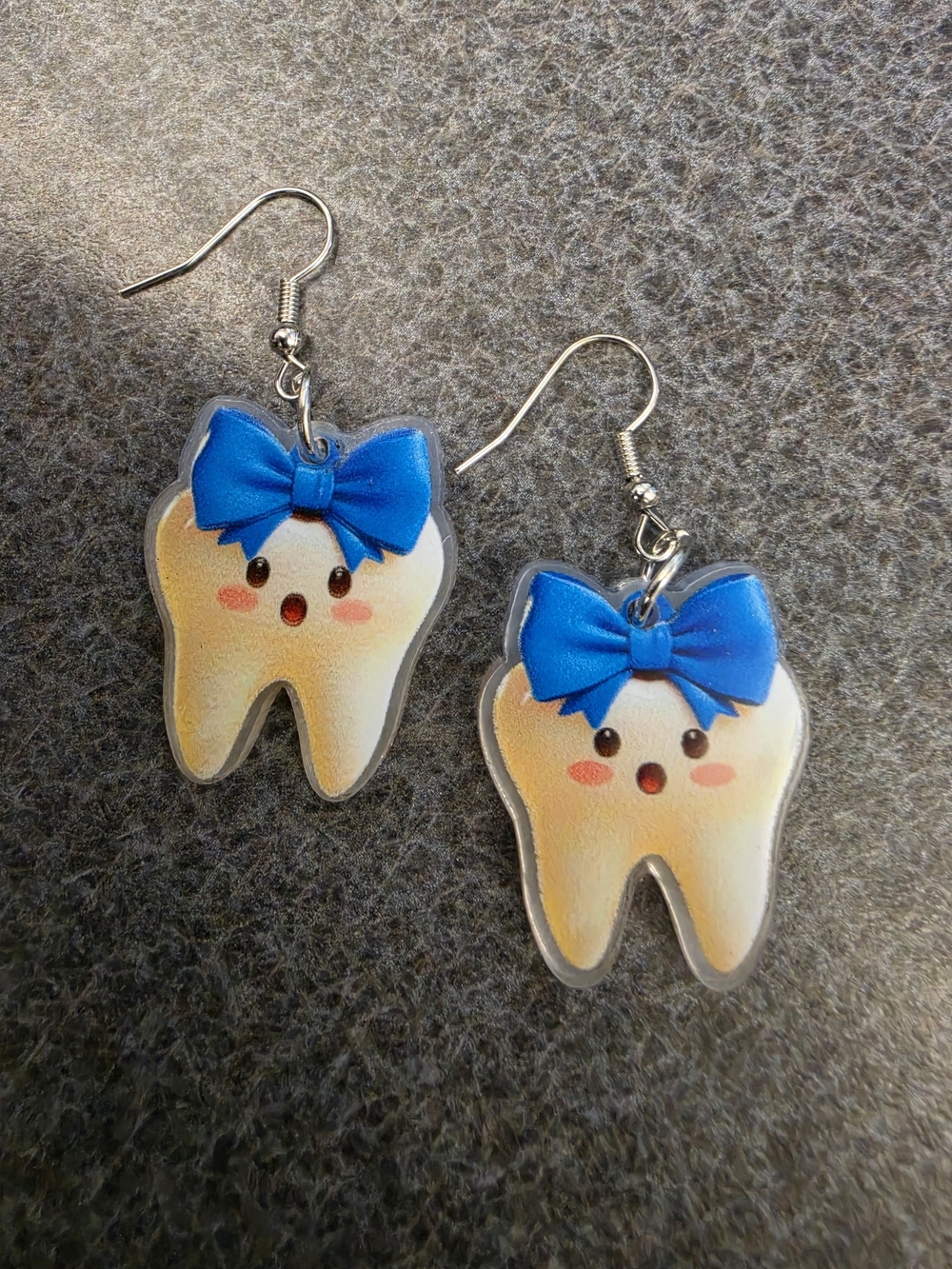 Cute Tooth Charm Earrings with Blue Bow